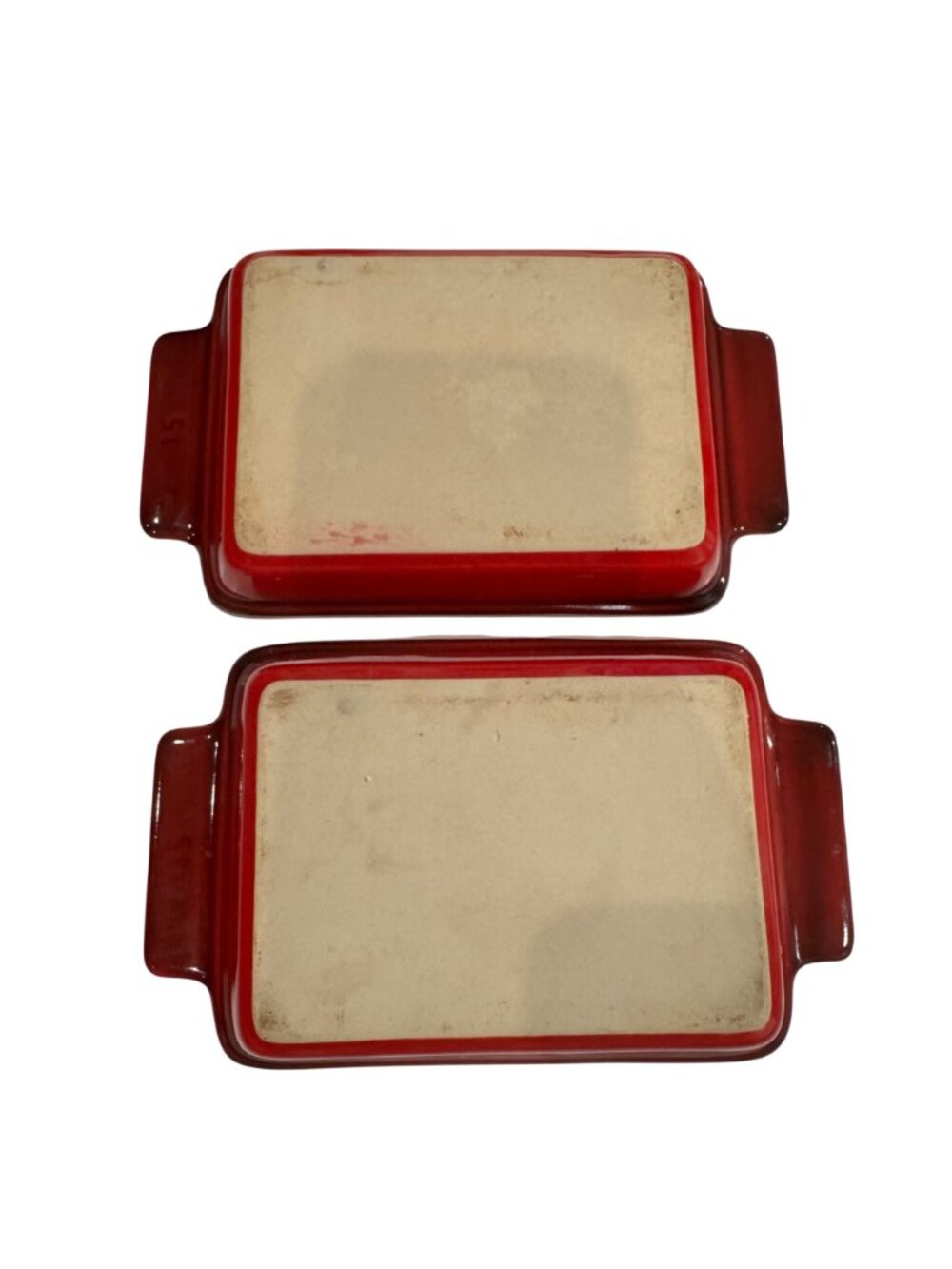 2 Staub Ceramic Rectangular Individual Baking Dishes Set Cherry Red Cream 6.5 in - Picture 4 of 14